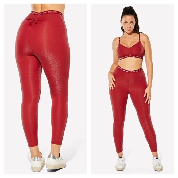 Yitty/Fabletics Spotlight Shaping Ruched Shimmer High Rise Ankle Leggings M Red - Picture 1 of 16